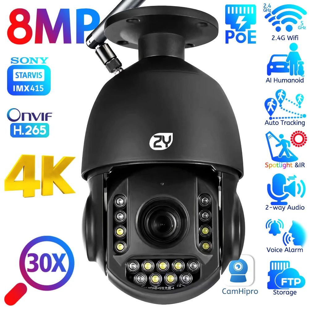 4K 8MP Surveillances Wifi Camera Outdoor 30X Zoom Auto Tracking Ceiling Mount Speed Dome PTZ Color Night Vision PoE CCTV Camera