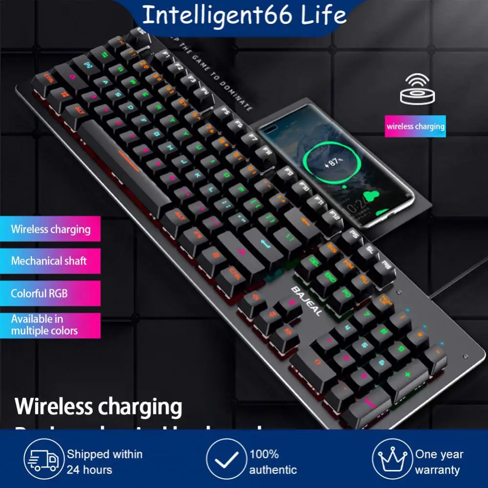 

2 In 1 High-speed Flashed Keyboard With Mobile Phone Wireless Charger 104 Keys Blue Axis Wired Gaming Keyboard Durable Practical