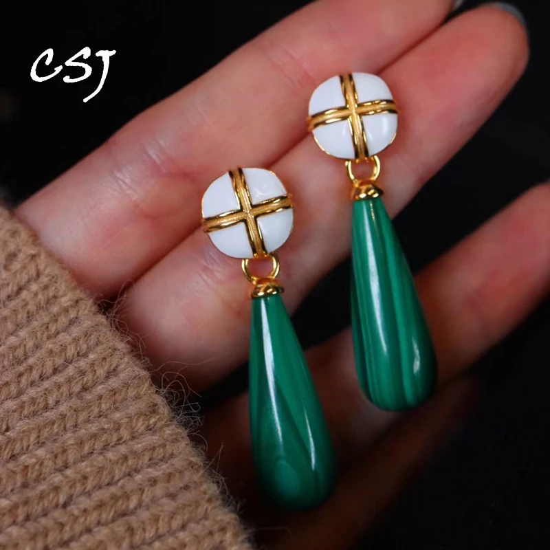 

Женские серьги-подвески CSJ, элегантные серьги из натурального малахитового серебра 925 пробы, вечерние ювелирные изделия ручной работы