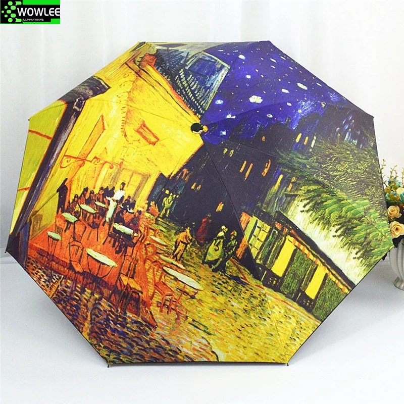 Складной зонт женский, устойчивый к ветру, Парагуас Ван Гога, масляная живопись, дождевой зонт для женщин, качественное черное покрытие, парасоль.