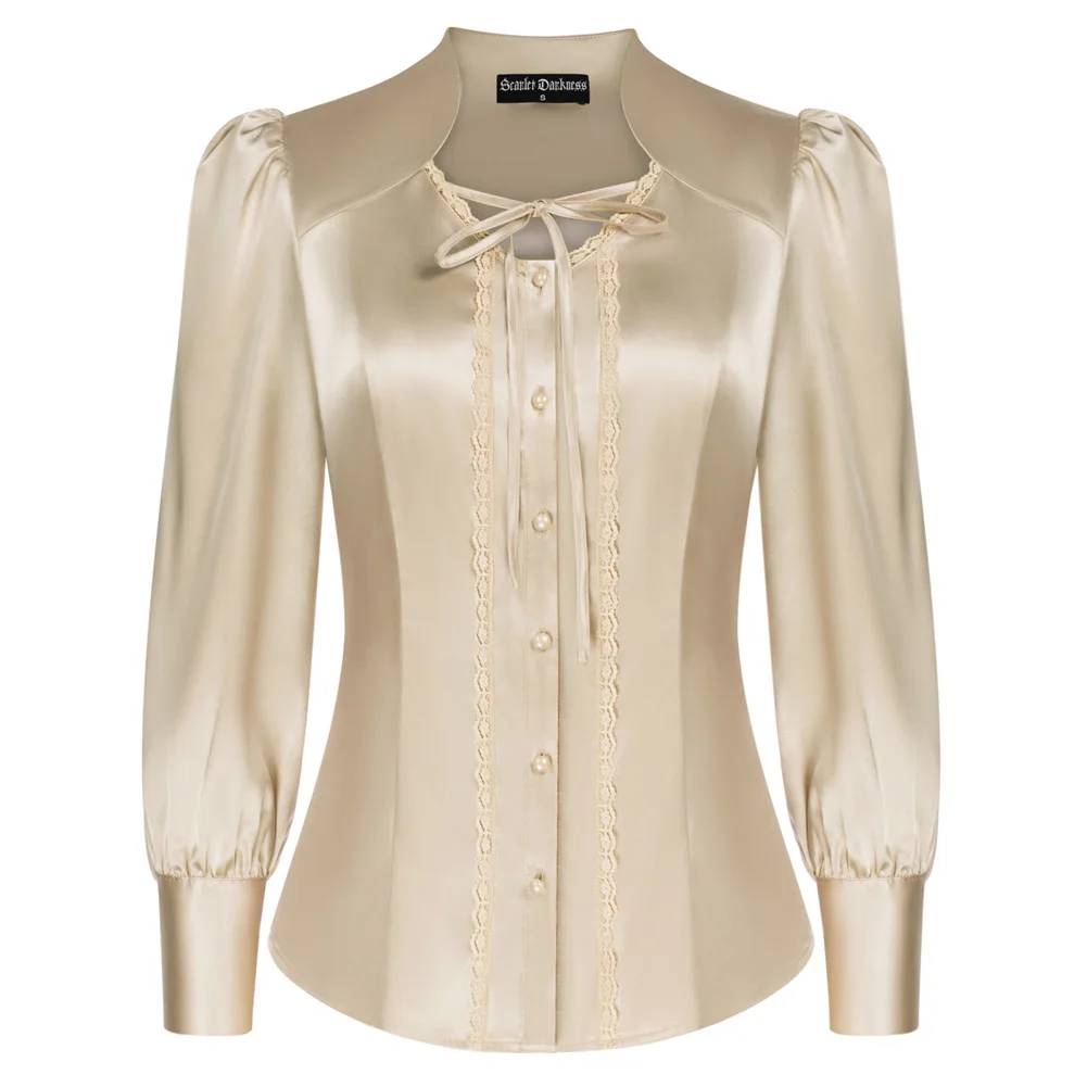 

SD Women Renaissance Stand Collar Shirt Long Sleeve V-Neck Button-up Tops