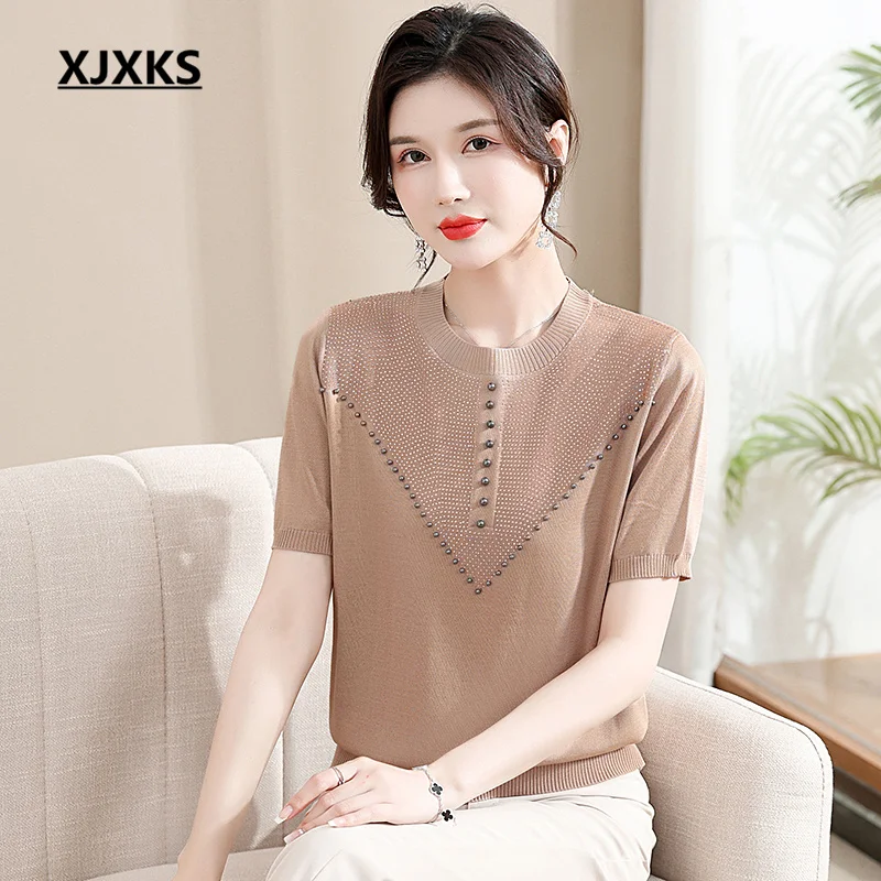 

XJXKS, Новинка лета 2023, топы с круглым вырезом и коротким рукавом, женская футболка, модные вязаные рубашки из вискозы с бисером
