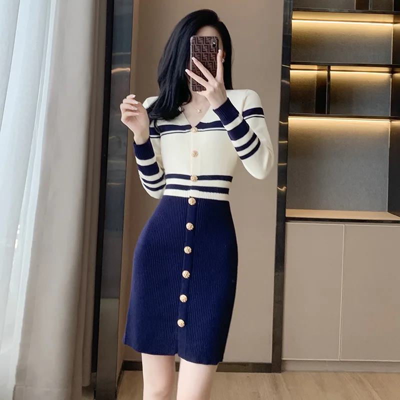 

High Quality 2023 Elegant Contrast Color Design Women Dress Female Evening Party Autumn Winter Crop Top Clothes Casual Y2k Robe