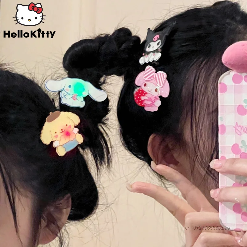 Sanrio Hair Accessories Hello Kitty Kawaii Glow Hair Clip Tiara Bangs Y2k Girl Fashion Hairpin Duckbill Clip Fun Easter Headwear