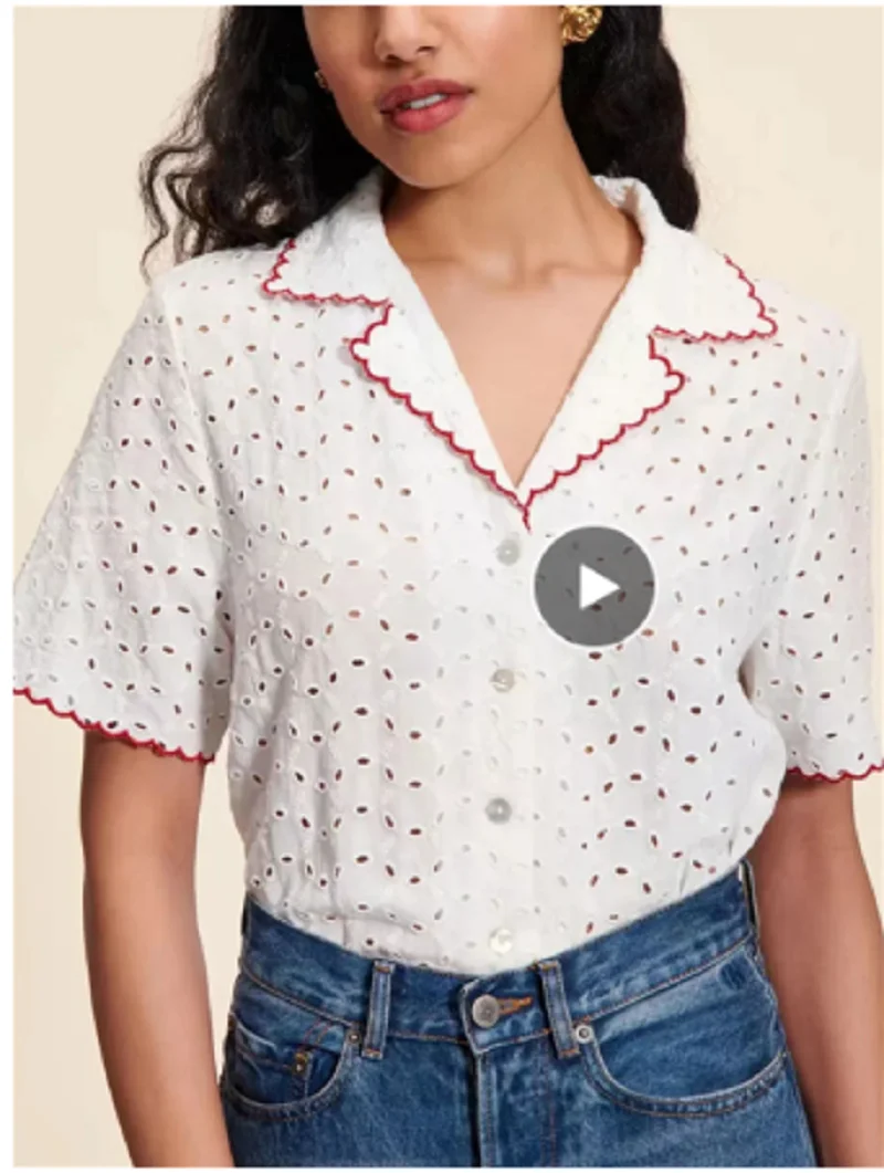 

Women Hollow Out Embroidery Blouse Short Sleeve Floral Trim Notched Collar Single Breasted Shirt