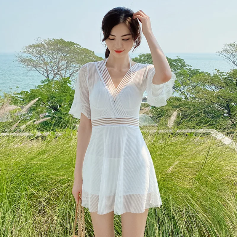 

Short Sleeve One Piece Swimsuit Women Swimdress Sexy White Push Up Swimwear Skirted Swim Beachwear Underwired Bathsuit Hollow