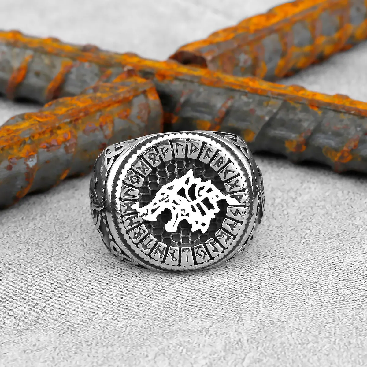

Stainless Steel Viking Odin Wolf Head Rune Ring Men's Retro Pagan Odin Amulet Punk Biker Hip Hop Ring Jewelry Gift Wholesale