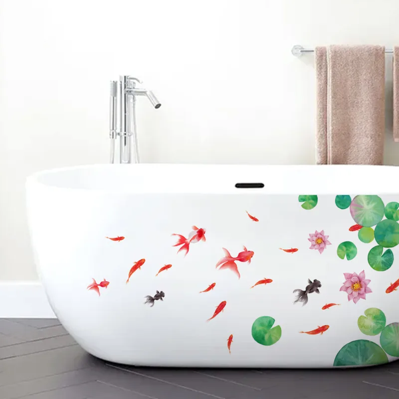 

Chinese Style Lotus Leaf Lotus Goldfish Wall Stickers Archaistic Bathroom Bathtub Sticker Decorative Wall Paper Self-adhesive