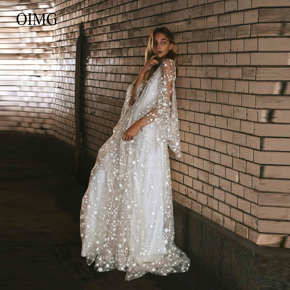 

Пляжное свадебное платье OIMG в стиле бохо с длинными рукавами и звездами из фатина, свадебные платья, женское свадебное платье, индивидуальные платья
