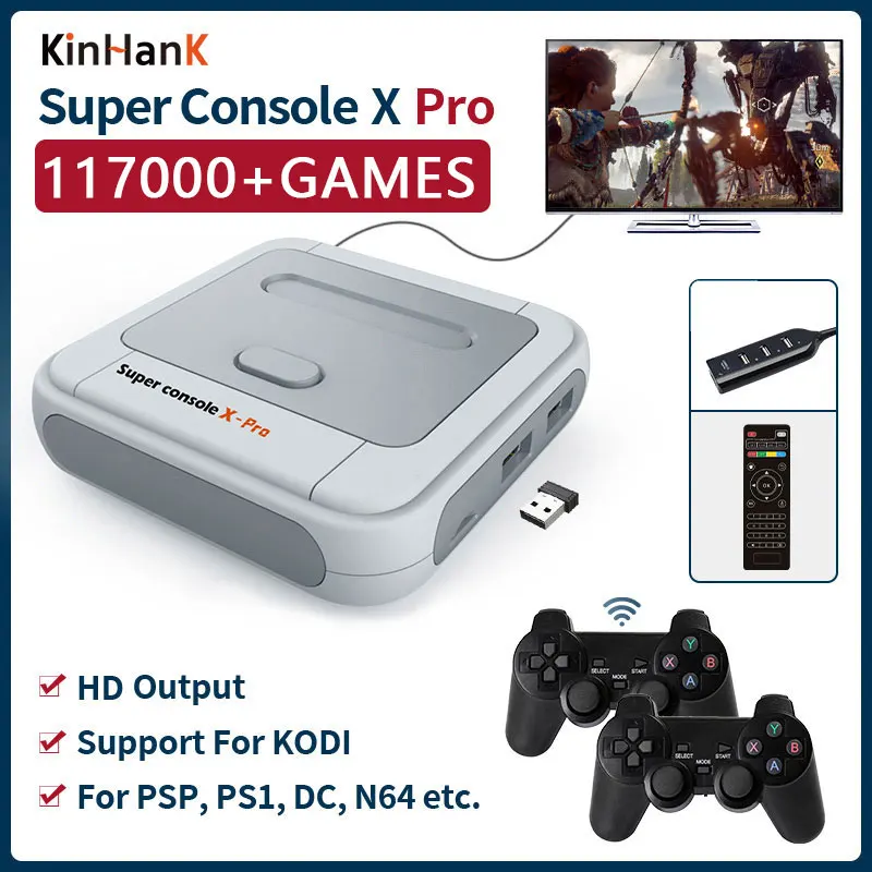 Tanie Super Konsola X Pro S905X HD WiFi Wyjście Mini Telewizor Gra Wideo Odtwarzacz Na PSP/PS1/N64/DC Gry Podwójny System Wbudowany W 117000 + Gry