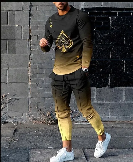 2023 New Men's T-shirt Pants Suit Fashion 3D Digital Print Street Popular Wear Take Long-sleeved Loose Sweatshirt Two-piece Set