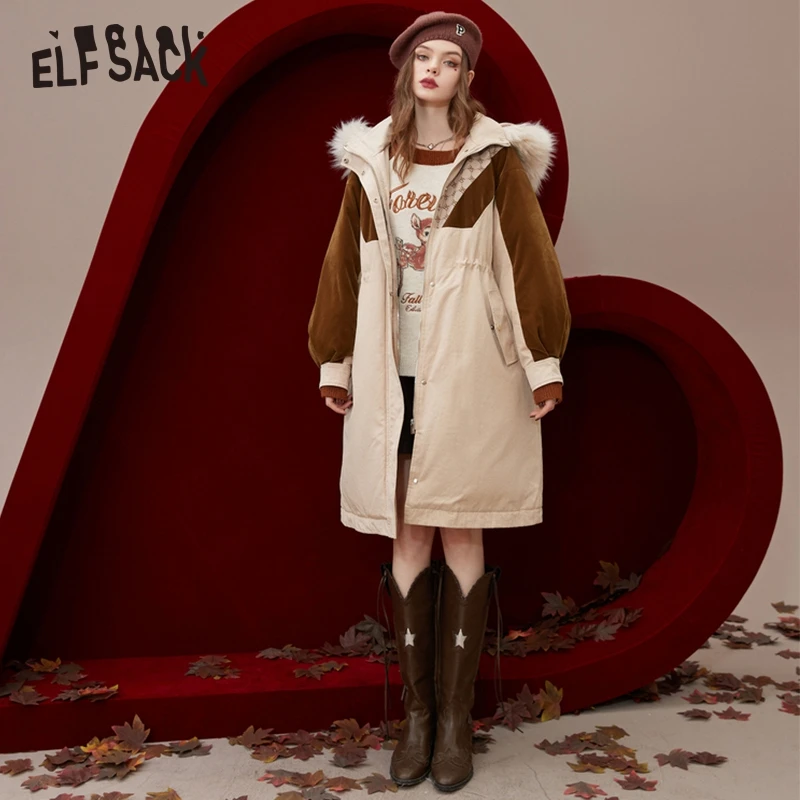 ELFSACK Spliced Down Coats Women 2022 Winter Warm Mid-length Outwears