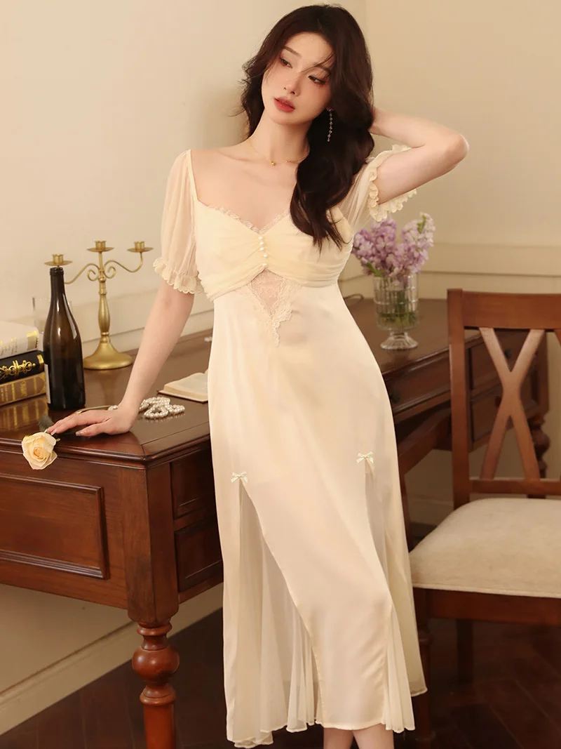 Women Short Sleeve Sweet Fairy Night Dress Pajama Nightgowns Sexy Silk Ruffles Mesh Victorian Princess Sleepwear Loungewear