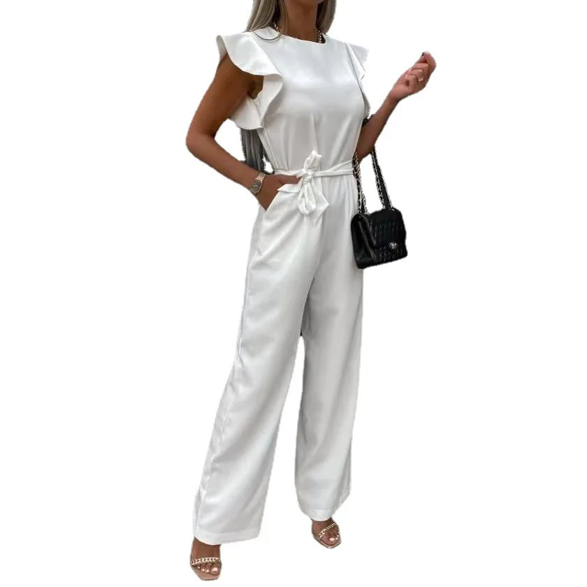 2023 new Women Elegant Solid Ruffle Straps Sleeveless O Neck Sexy White Jumpsuits Vintage Street INS Playsuit One Piece Set