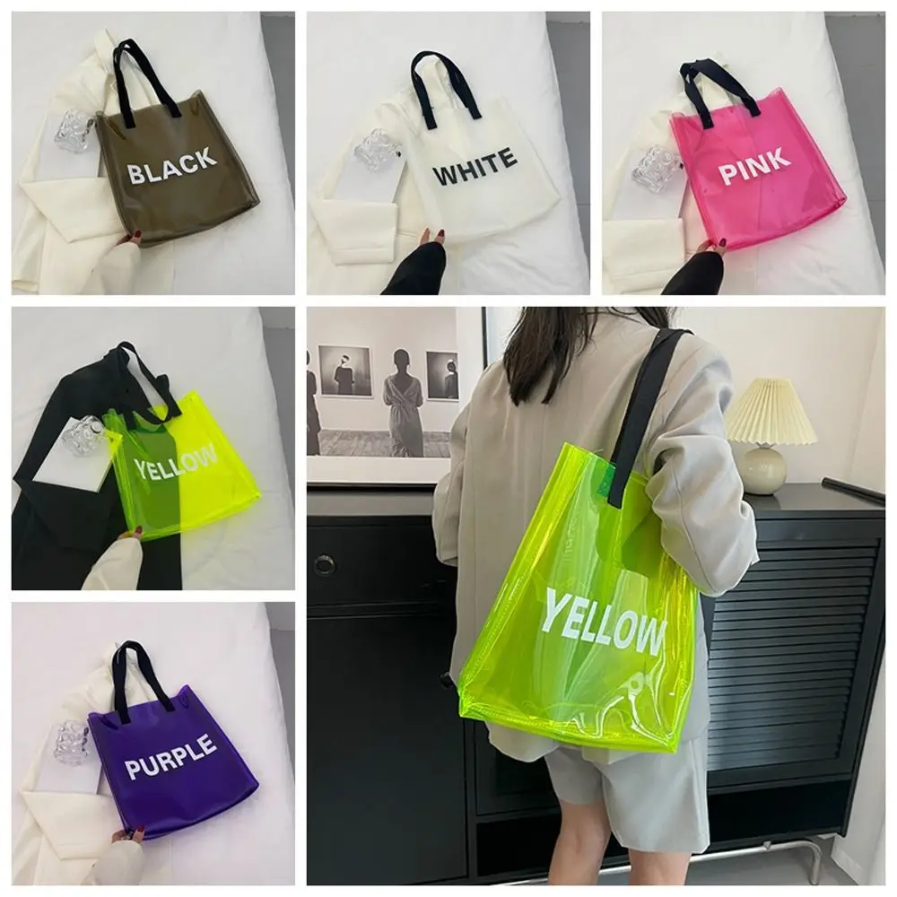 

Letter Clear PVC Tote Bag Reusable Lightweight Waterproof Top Handle Large Capacity Travel