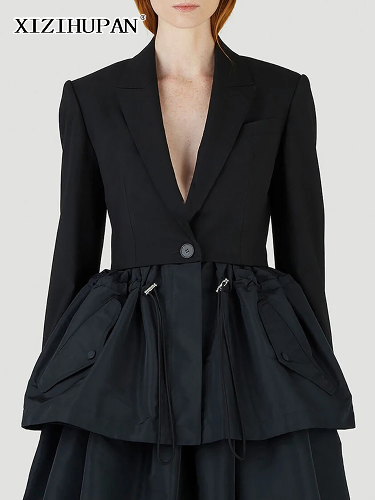 

XIZIHUPAN черный пиджак с отложным воротником и длинным рукавом для женщин с одной пуговицей бальное платье с подолом повседневные блейзеры женская мода новая стильная одежда