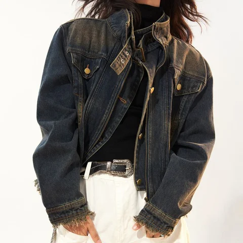 Американская короткая джинсовая куртка из двух частей, женские Ретро ковбойские Мотоциклетные Куртки с двойным воротником, крутая уличная одежда для девушек