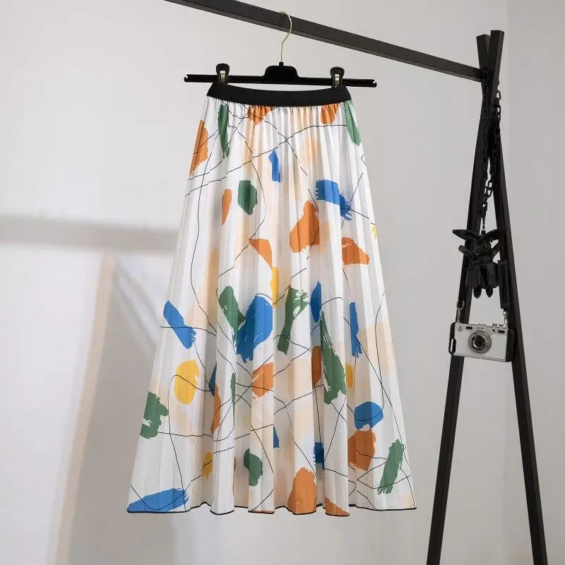 

Skirts Fashion Women's Elastic Waist Pleated Skirts Graffiti Printing Mid-Length Pleated A-Line Skirts Korean Style