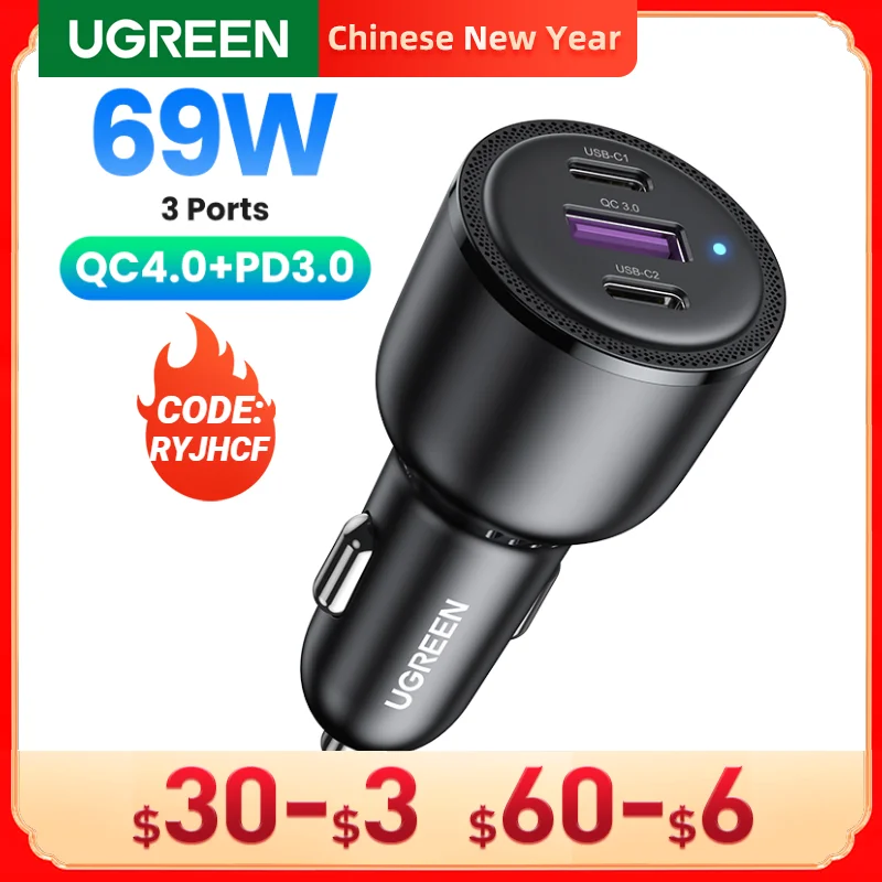 UGREEN 69W Car Charger USB Type C Dual Port PD QC 4.0 3.0 Fast Charging For Laptop Car Phone Charger For iPhone 14 13 12 Samsung