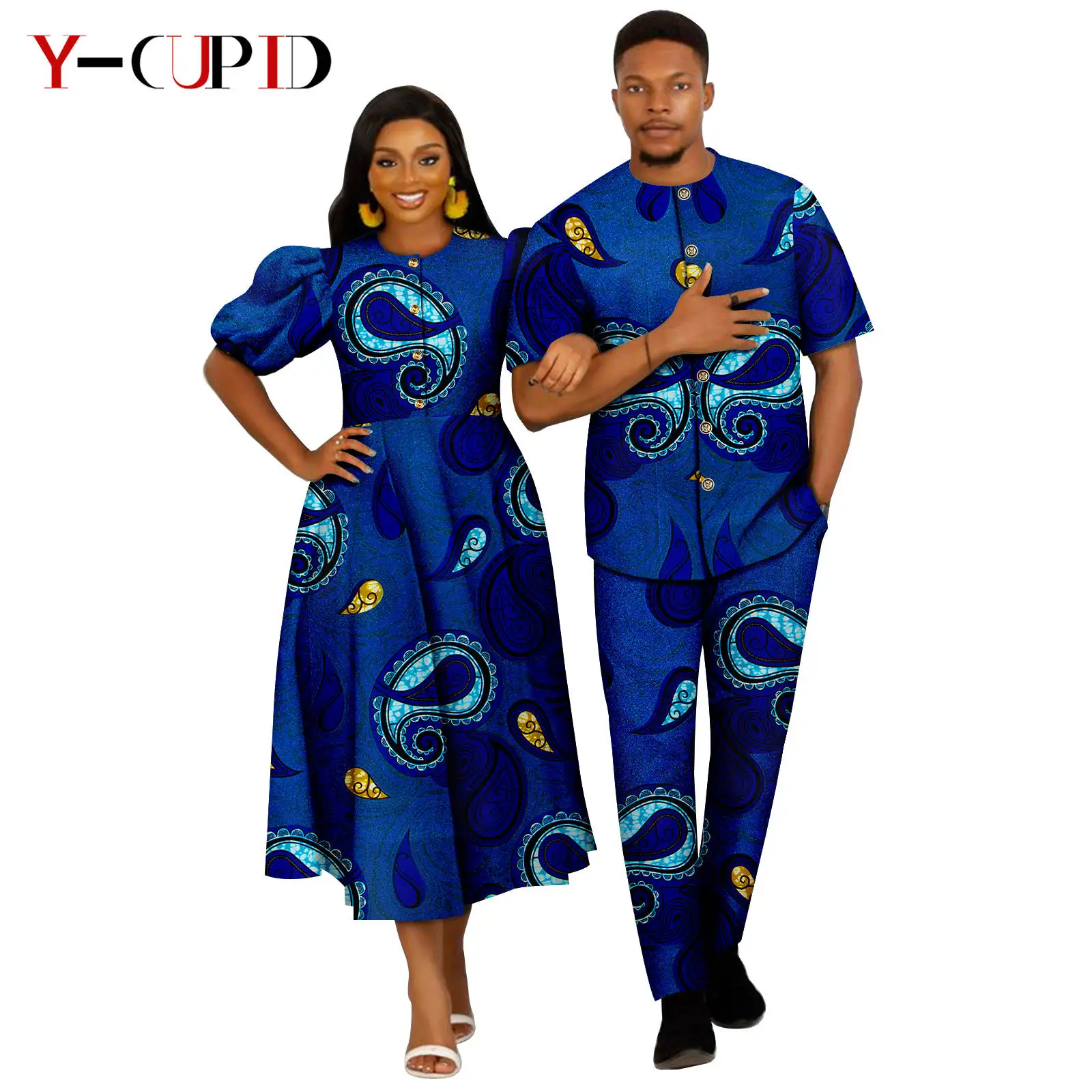 African Print Dresses for Women Matching Couples Clothes Dashiki Men Outfit Bazin Riche Top Shirt and Pant Sets 24C074