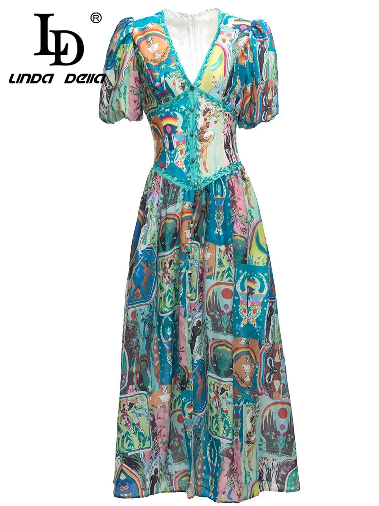 

LD LINDA DELLA летнее модное дизайнерское Вечерние Платье женское однобортное длинное платье с v-образным вырезом и высокой талией