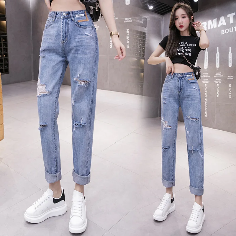 

Женские свободные джинсы с завышенной талией, модные потертые джинсы с заклепками, винтажная уличная одежда, брюки-карго до щиколотки