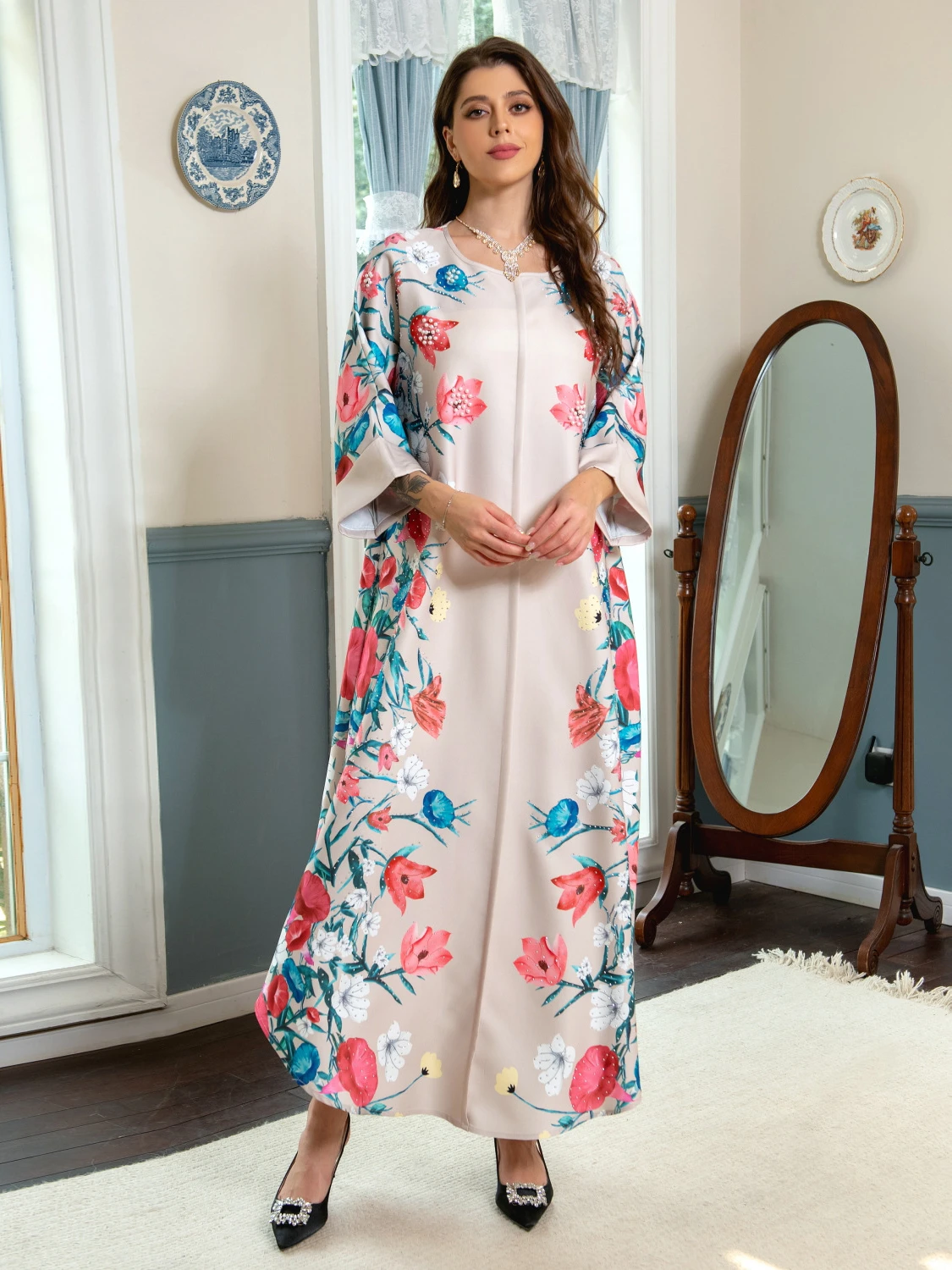 

Мусульманское женское платье с бисером, платье с цветочным принтом, праздничные платья-абайя, Дубай, Арабская Турция, Рамадан, абайя, кафтан, 2023