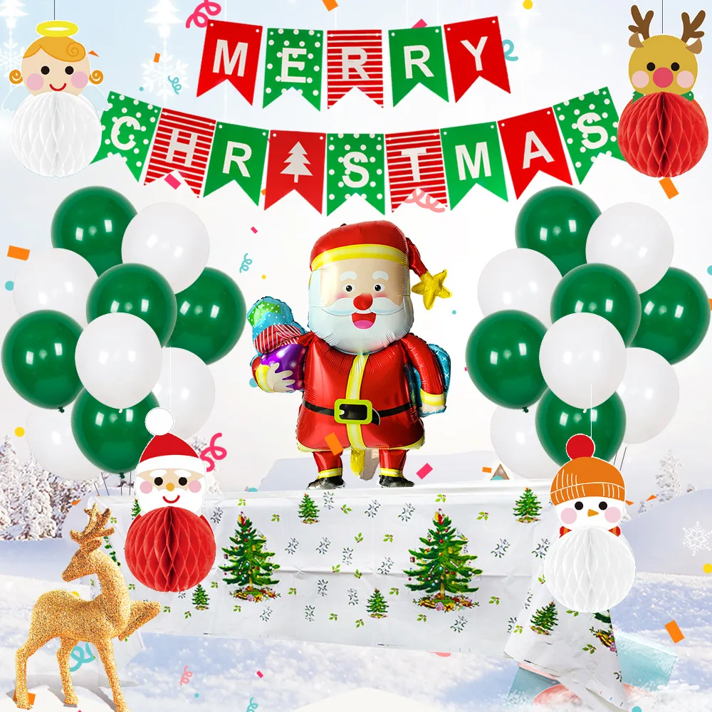 

Christmas balloons decorated with red and green flags disposable Christmas tablecloth Santa aluminum film balloons decorations