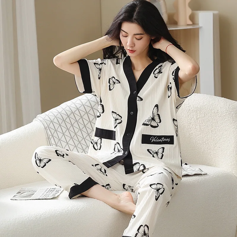 Новинка хлопковый летний кардиган с коротким рукавом длинные штаны Женский