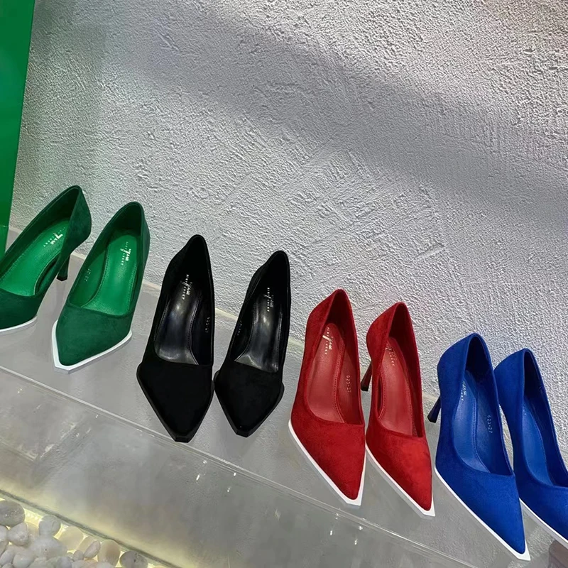 

Flock Women Pumps Pointed Toe Office Work Shoes Green Black Red Blue Thin High Heels 2022 New Arrivals Ladies Solid Color 35-39