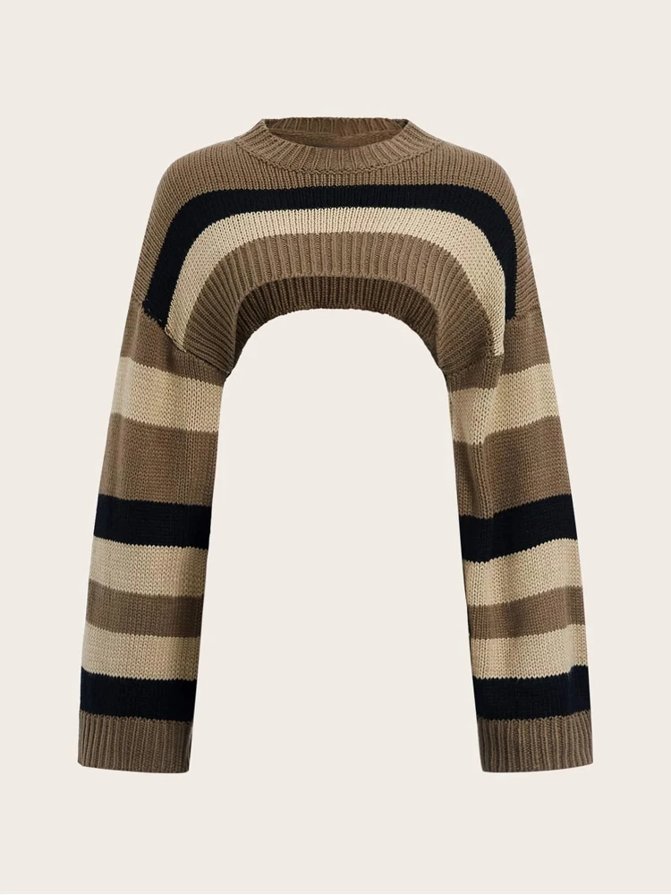 

Women Stripe Pattern Drop Shoulder Super Crop Sweater Without Cami Loose Sleeve Tee Long Sleeve Shirts Mini Shawl Tops Basic