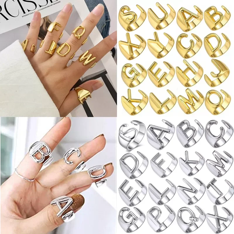 

Wide Hollow A-Z Letter 3Colors Metal Adjustable Opening Ring Initials Name Alphabet Female Party Fashion Jewelry