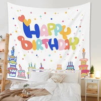 happy birthday cake tapestry wall hanging hippie party bedroom tapestries background cloth ceiling table cloth for living room