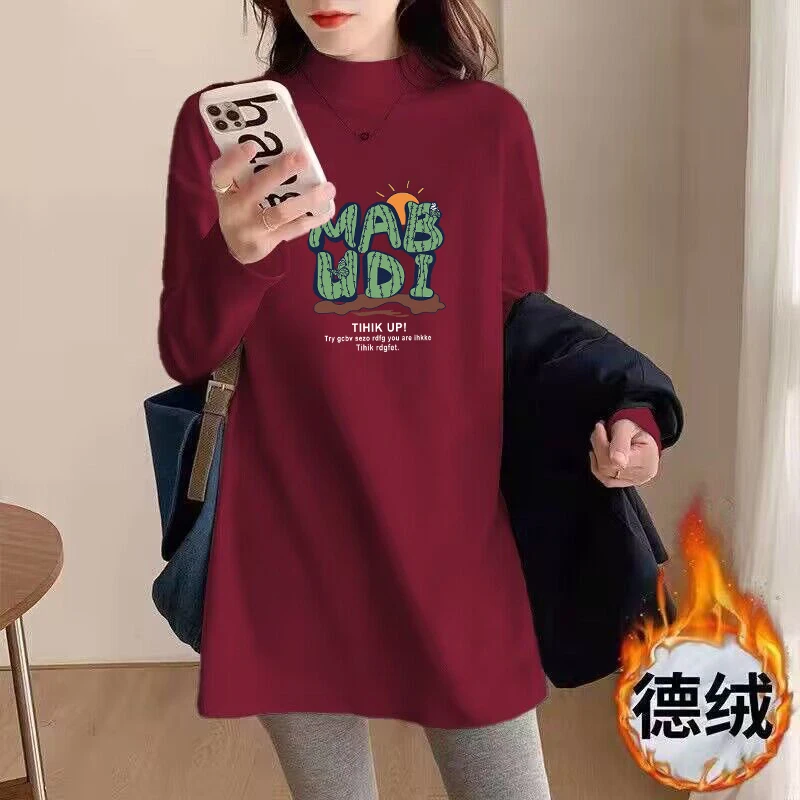 Red Half-high Collar Bottoming Shirt Women 2024 Autumn and Winter Clothing Thickened Warm High-Grade Hip Covering Long sleeve...