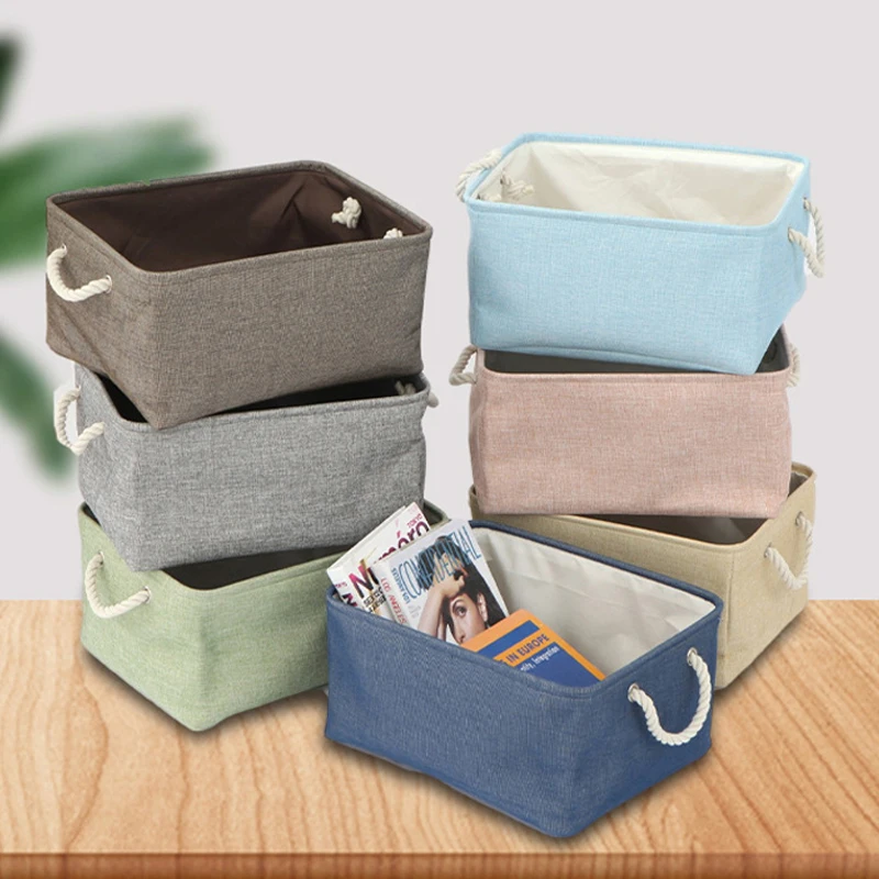 

Linen Household UnderwearSolid Color Storage Basket Foldable Sundries Cosmetics Container Cotton Linen Box Desktop Organizer