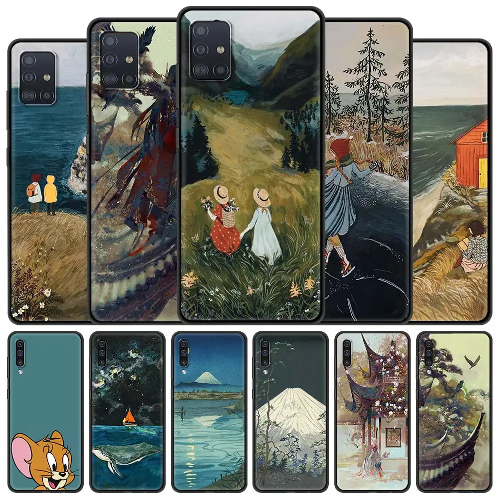 

Case for Samsung Galaxy A12 A51 A52 A50 A32 A31 A71 A70 A72 A21s A02s A22 A10 A41 A11 Phone Bags Cover Cartoon Scenery Girl