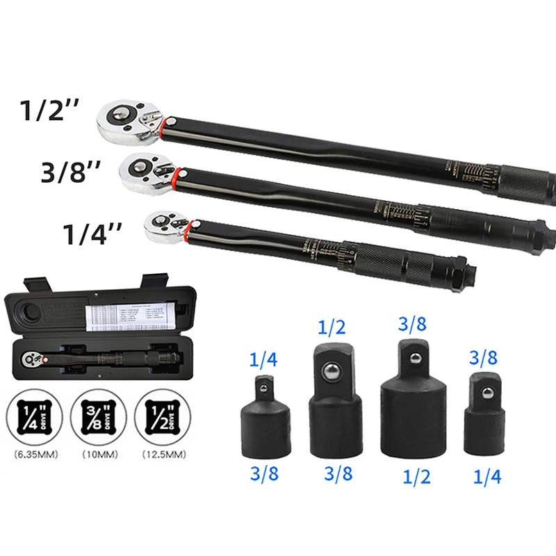 

1/2 3/8 1/4 Torque Wrench 2-210N.m Torques Key Professional Automotive Car Bicycle Wrench Key Spanner with Adapter Garage Tools