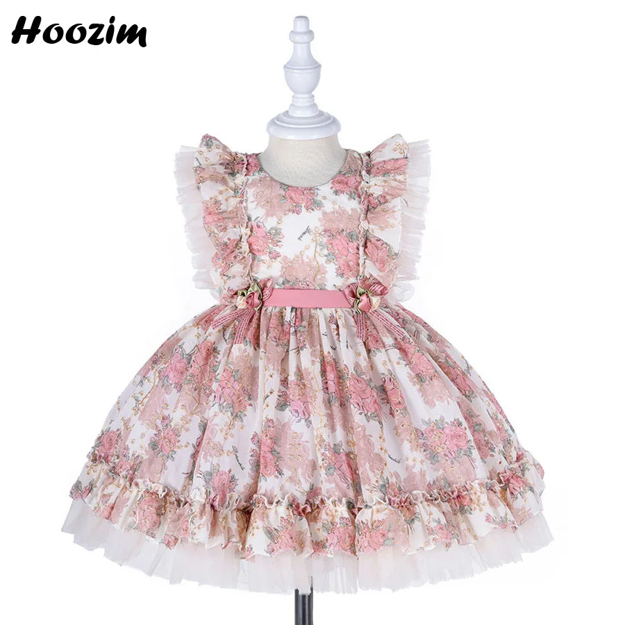 Lolita Pink Print Flower Birthday Party And Baptism Dress Girls 6M To 9 Years Princess Applique Gala And Wedding Ball Gown Kids