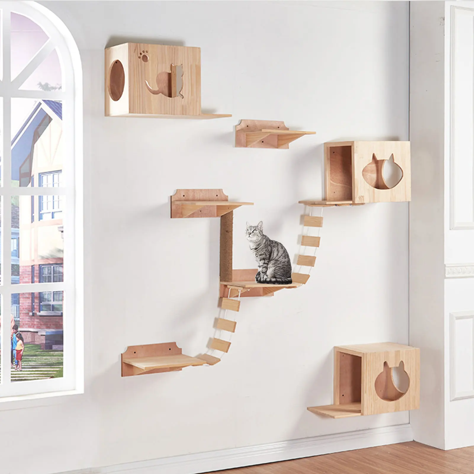 

Cat Furniture Climbing Frame Bridge Climbing Solid Wood Wall Cat Toy Jumping Wall Mounted CreativeWall Decor
