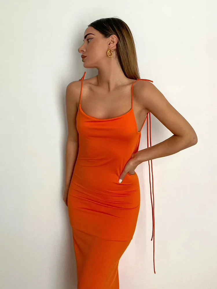 

Elegant Spaghetti Strap Sexy Backless Draped Dress For Women Sleeveless Night Club Party Long Dresses Solid 2022 Summer
