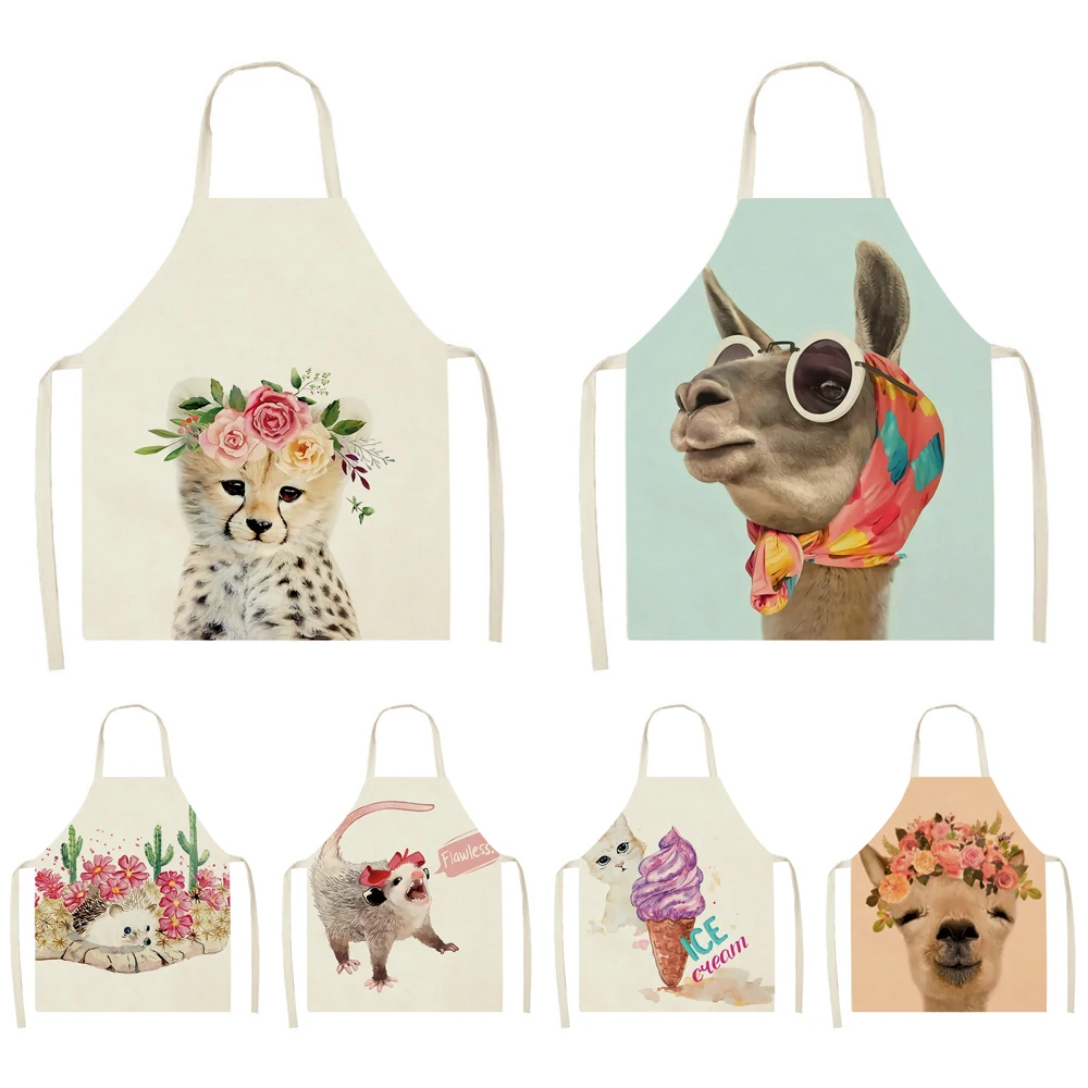 

Leopard Hedgehog with Flower Kitchen Apron Sleeveless Cotton Linen Aprons for Women Home Cleaning Baking Cooking Accessories
