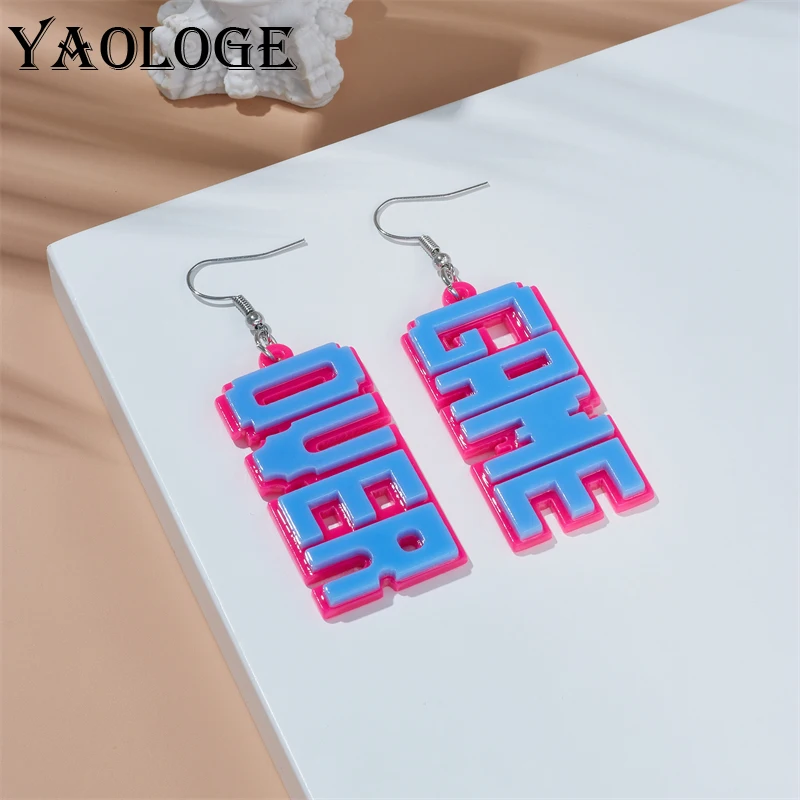 

YAOLOGE Acrylic Creative Color Blocking Letters GAME OVER Drop Earrings For Women Girl New Cartoon Ear Jewelry Birthday Gift