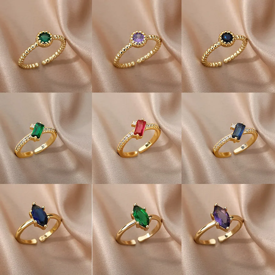 Stainless Steel BirthStone Rings For Women Gold Color Adjust Bule Square Round Zircon Ring Delicate Bride Wedding Jewelry New In