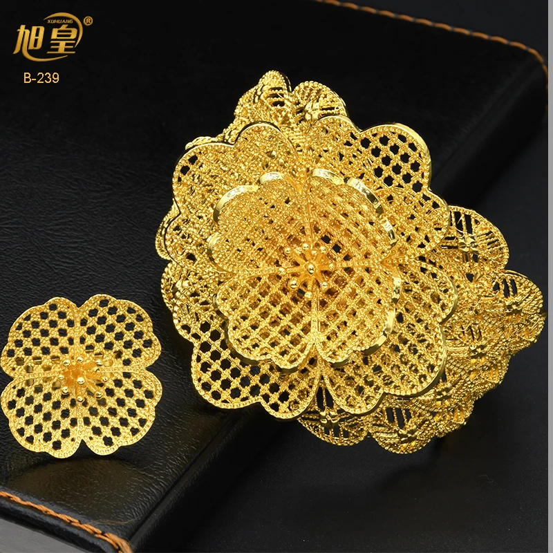 

XUHUANG Dubai Gold Plated Flower Cuff Bangles With Ring Nigerian Bridal Wedding Bracelet Jewelry Gifts African 2022 New Bangles