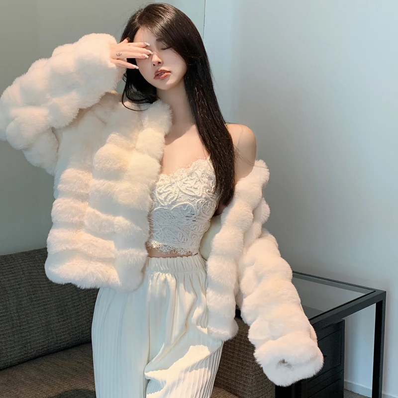 2022 New Faux Fur Coat For Women Fashion Streetwear Winter Faux Fur Jacket Short Thick Rex Rabbit Fur Jacket Female Clothing