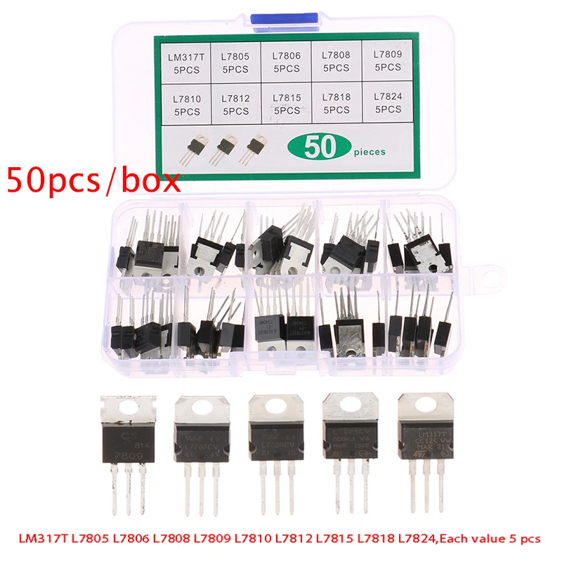 

50pcs 10values Transistor Kit Assort Set LM317T/L7805/L7806/L7808/L7809/L7810/L7812/L7815/L7818/L7824 Mix Diode Pack
