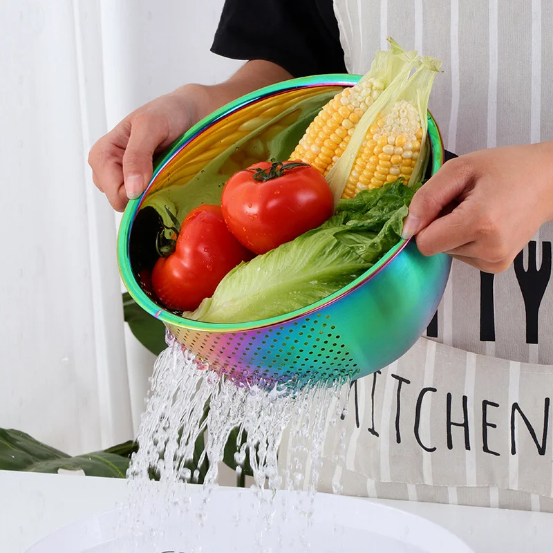 1pc strainer basket stainless steel washing filter rice rose gold strainer colorful basket sieve drainer kitchen gadget free global shipping