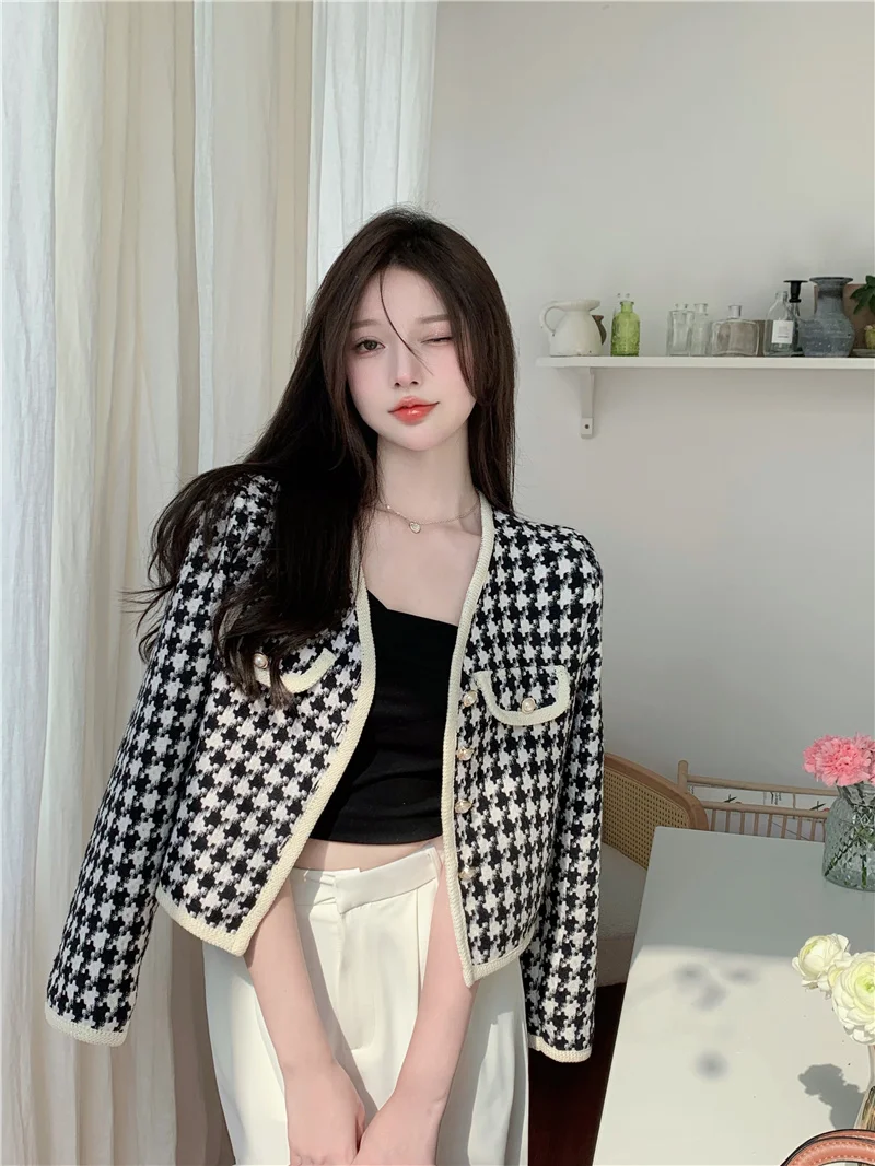 

Женская твидовая клетчатая короткая куртка BULOCHOVA, Корейская однобортная приталенная шерстяная Повседневная Верхняя одежда в стиле ретро с ...