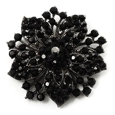 

2.1 Inch Large Black Plated Black Rhinestone Crystal Vintage Brooch