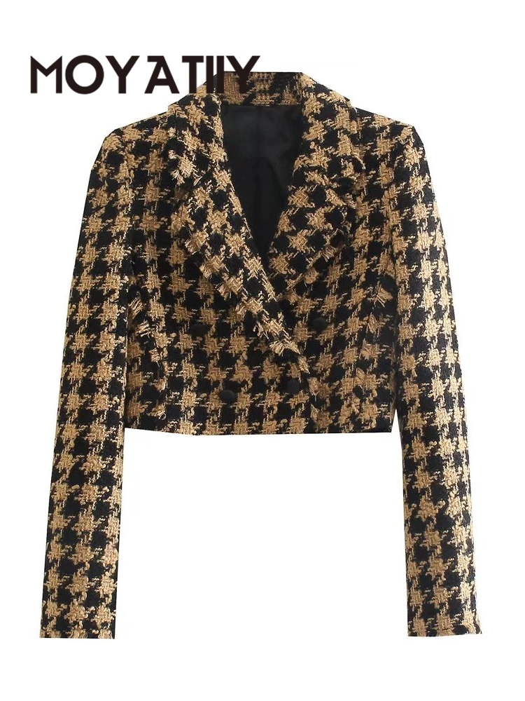 

MOYATIIY Women 2022 Fashion Blazer Coat Thick Tweed Double Breasted Crop Jacket Coat Vintage Long Sleeve Female Suit Overcoats